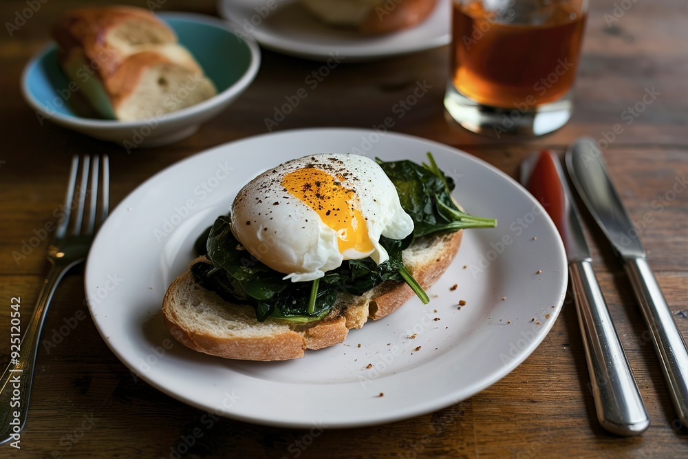 Poached egg on a piece of bread with spinach on the table Poached egg on a piece of bread with spinach on the table