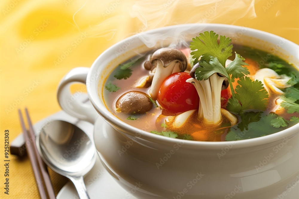 tom yam soup in the white bowl on yellow background tom yam soup in the white bowl on yellow background