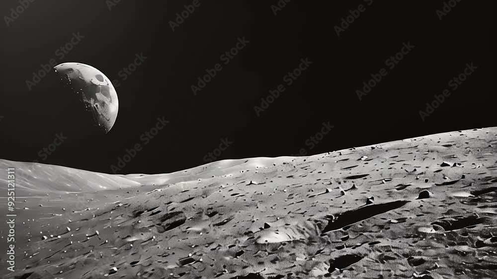 Moon surface. in motion Black and white space panorama background.