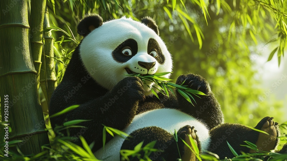Cute Cartoon Panda Bear Eating Bamboo Shoots in Lush Green Forest