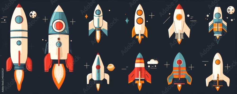 Colorful flat design rocket icons set on dark background Colorful flat design rocket icons set on dark background
