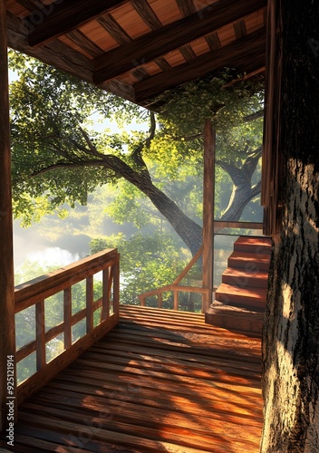 Tree House Interior with Wooden Stairs and Wooden Floor