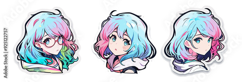 Sticker set with various female cartoon characters with colorful hair. Collection of cute anime girls on a white background.