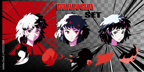 Sticker set with various female manga heroines in black and red color palette. Collection of anime cartoon girls.