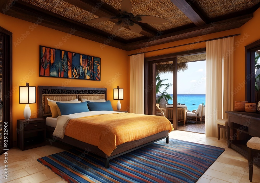 Fototapeta premium Tropical Bedroom Interior Design With Ocean View