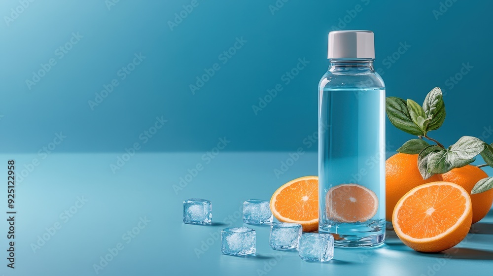 A refreshing bottle of water with orange slices and ice cubes on a blue surface, perfect for hydration and summer vibes. A refreshing bottle of water with orange slices and ice cubes on a blue surface, perfect for hydration and summer vibes.