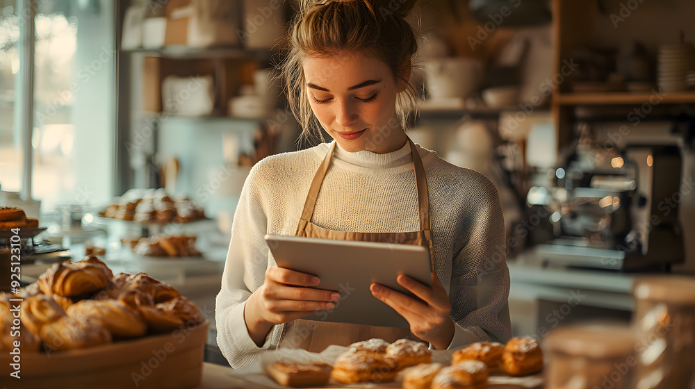 Young female small business owner or startup entrepreneur using digital tablet or smartphone in a cozy inviting cafe or bakery setting with various baked goods and drinks on display Young female small business owner or startup entrepreneur using digital tablet or smartphone in a cozy inviting cafe or bakery setting with various baked goods and drinks on display
