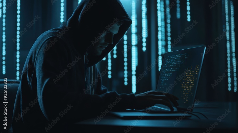 Cyber Security Threat - Hacker in Hoodie Typing on Laptop in Dark Room with Binary Code Background Cyber Security Threat - Hacker in Hoodie Typing on Laptop in Dark Room with Binary Code Background