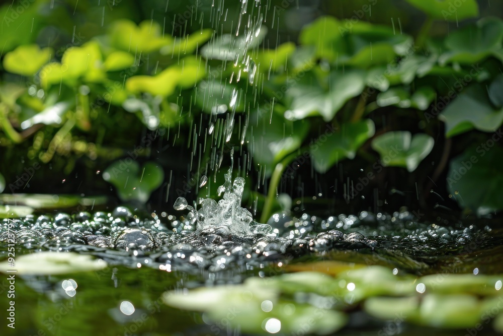 Stream with water splashing on rocks surrounded by green plants on a sunny day Stream with water splashing on rocks surrounded by green plants on a sunny day