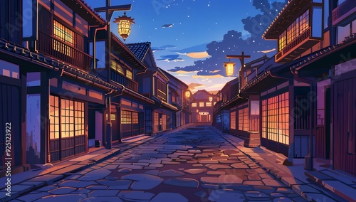 A serene cobblestone street flanked by traditional houses with glowing lanterns, under a twilight sky. The scene exudes tranquility and timeless charm, inviting a peaceful evening stroll photo