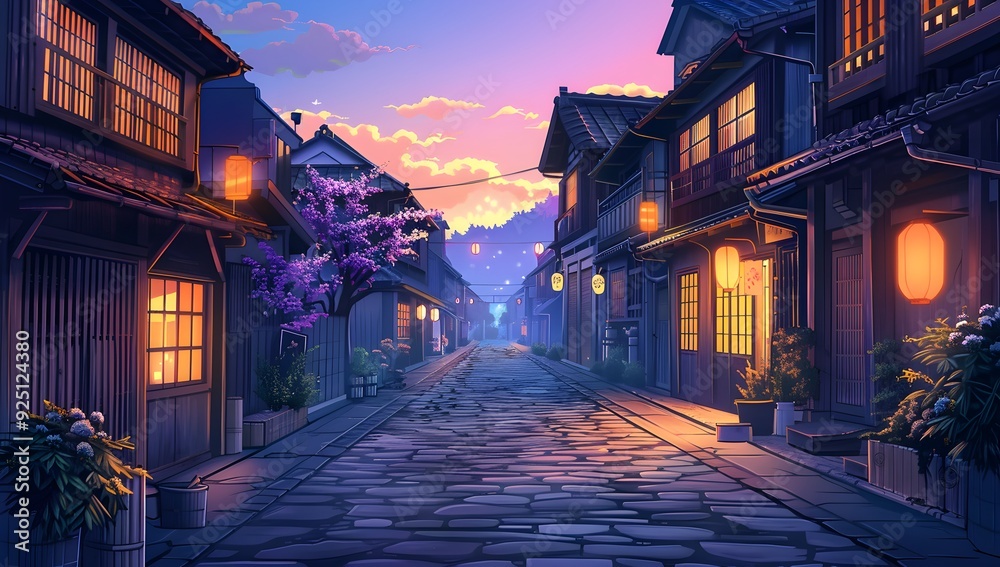 Fototapeta premium A serene cobblestone street flanked by traditional houses with glowing lanterns, under a twilight sky. The scene exudes tranquility and timeless charm, inviting a peaceful evening stroll