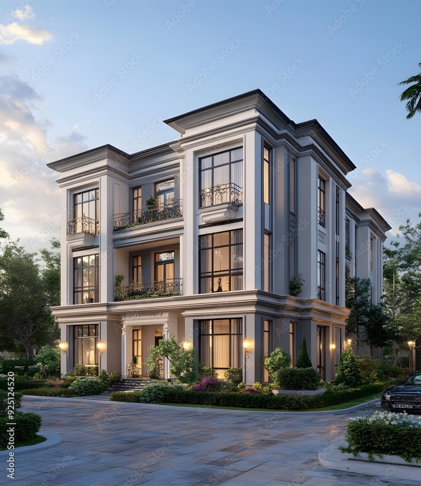 Fototapeta premium Luxury Modern Home Exterior Design with Balconies and Landscaping