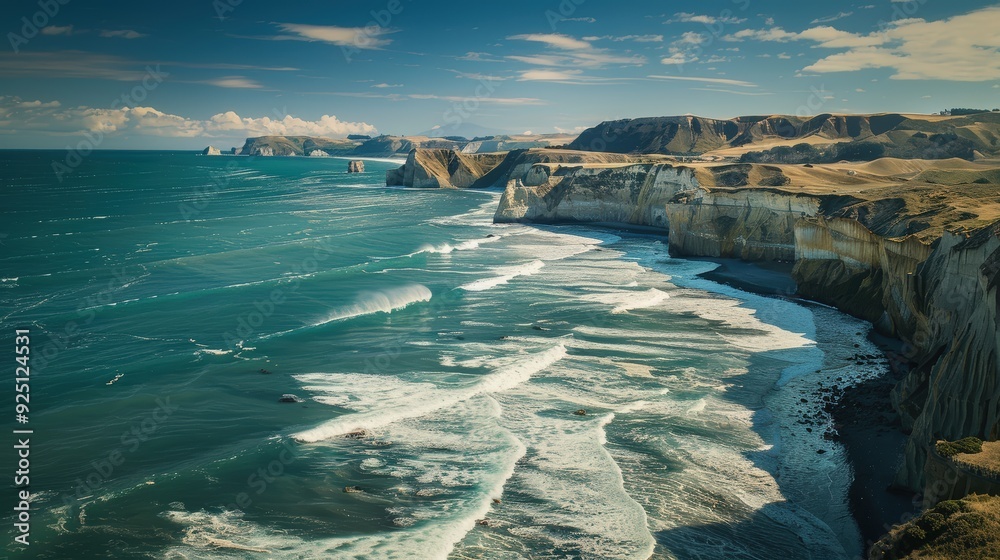 Obraz premium Dramatic Coastal Cliffs with Waves Crashing on the Shore