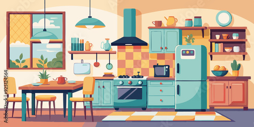 Interior of a cozy kitchen with furniture and appliances. Vector illustration
