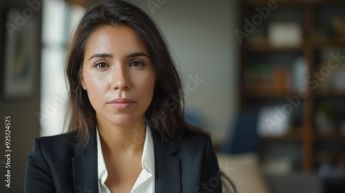 A confident businesswoman wearing a black blazer sits in an office setting, displaying a professional and focused demeanor.