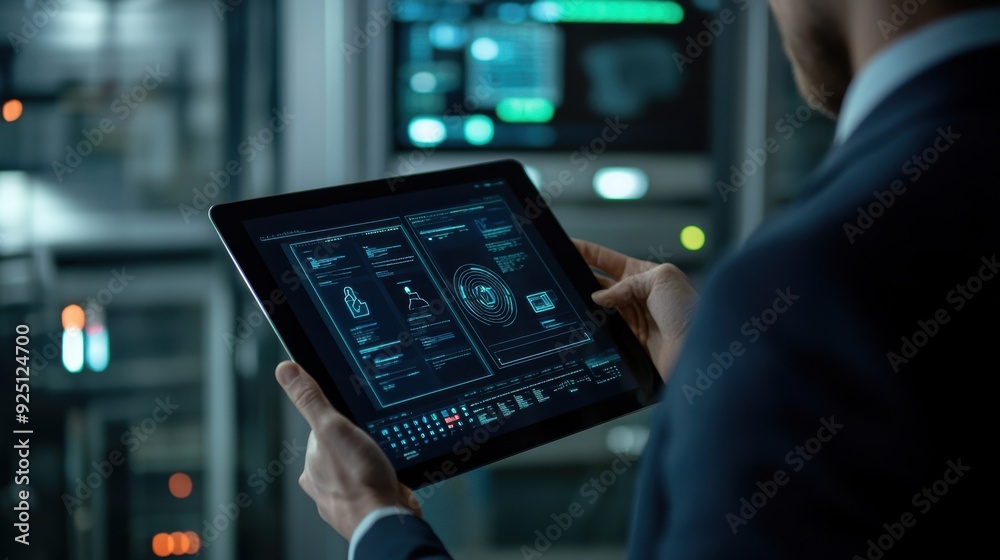 Fototapeta premium Secure Business Operations - Person in Suit Using Cybersecurity Dashboard on Tablet