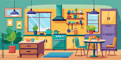 Interior of a cozy kitchen with furniture and appliances. Vector illustration
