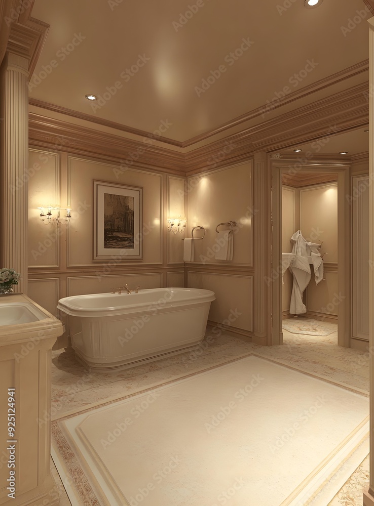 Fototapeta premium Modern Bathroom Interior Design With White Bathtub And Wooden Walls