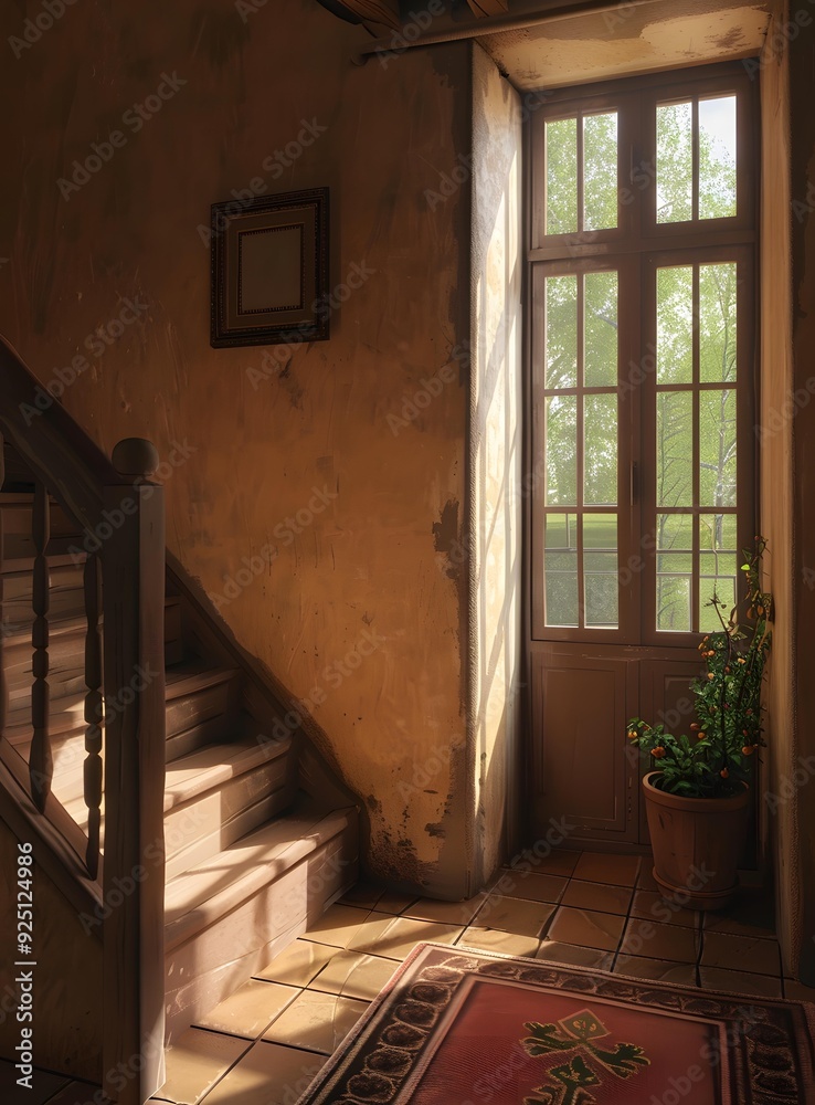 Old Rustic Interior with Stairs and Window Old Rustic Interior with Stairs and Window