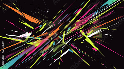 Abstract Geometric Digital Art with Vibrant Neon Colors and Dynamic Lines on Black Background