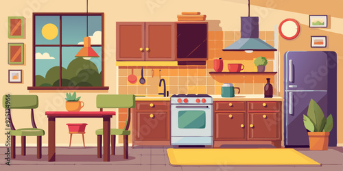 Interior of a cozy kitchen with furniture and appliances. Vector illustration
