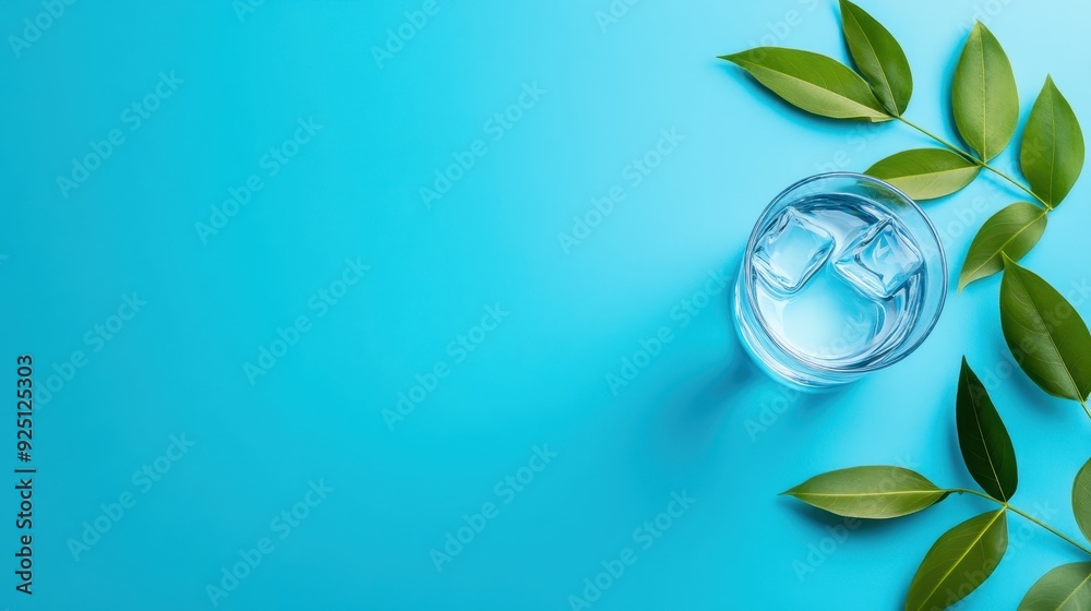 Refreshing glass of water with ice cubes and green leaves on a vibrant turquoise background, perfect for wellness and hydration themes. Refreshing glass of water with ice cubes and green leaves on a vibrant turquoise background, perfect for wellness and hydration themes.