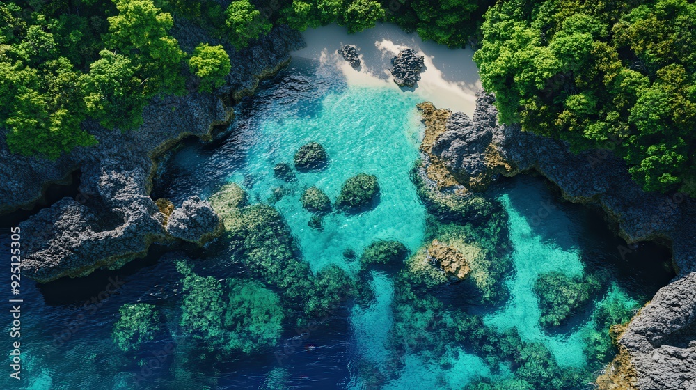Crystal clear waters lap against a secluded beach, framed by rocky outcrops and vibrant vegetation under a sunny sky