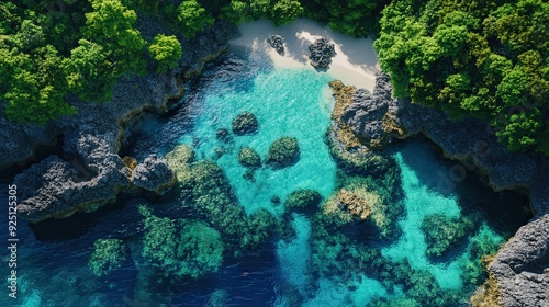 Crystal clear waters lap against a secluded beach, framed by rocky outcrops and vibrant vegetation under a sunny sky