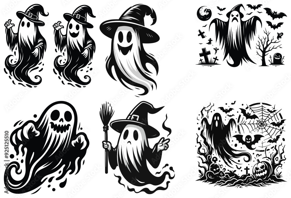 Obraz premium Spooky ghost illustrations in black and white cartoon style for Halloween decor and designs