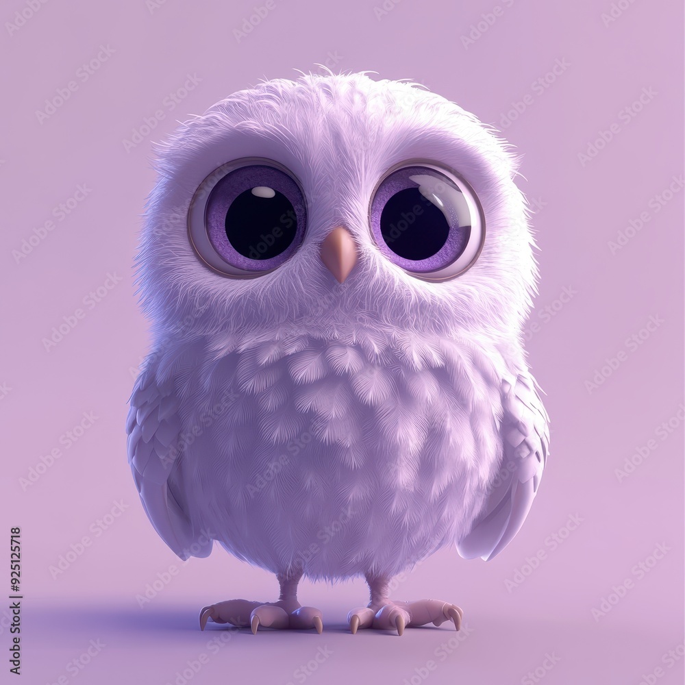 Obraz premium Adorable 3D White Owl with Big Purple Eyes on a Lavender Background.