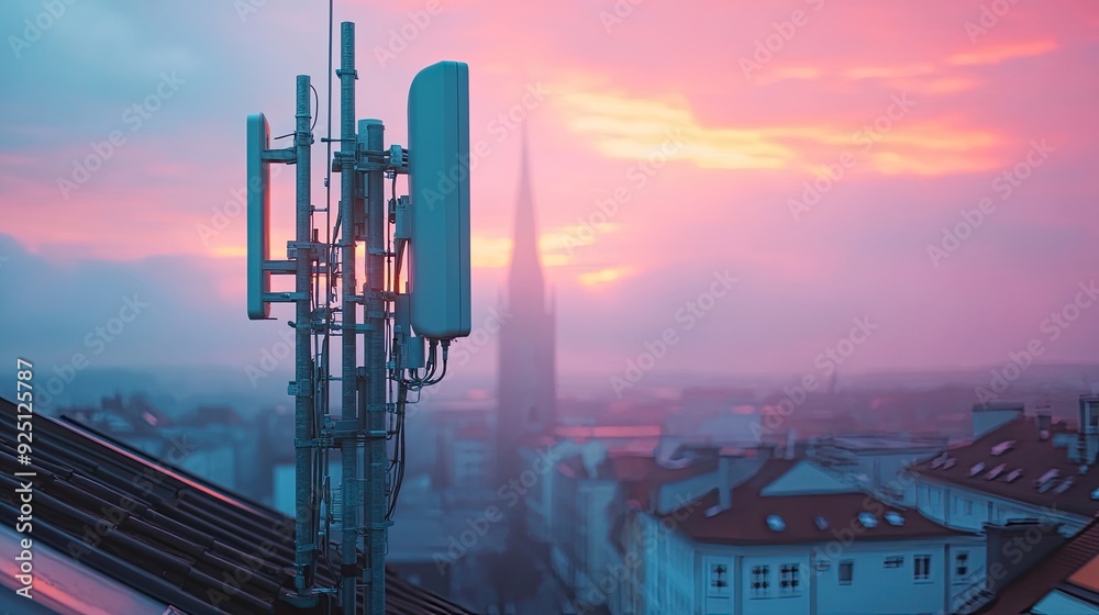 Close-up of a 5G antenna on a rooftop, symbolizing advanced wireless communication.