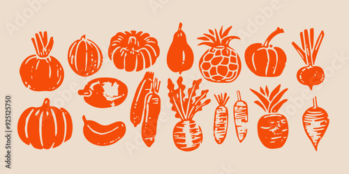 Vector set of different vegetables. Linocut vector illustration with grunge texture. Monochrome linear woodcut illustration. Harvest, autumn isolated graphic elements. 