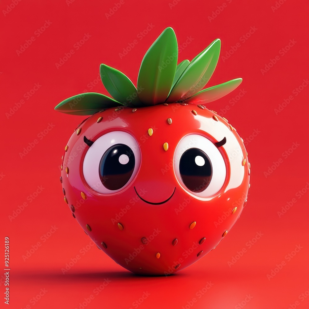 Fototapeta premium Cute Cartoon Strawberry Character with Big Eyes and a Smiling Face.