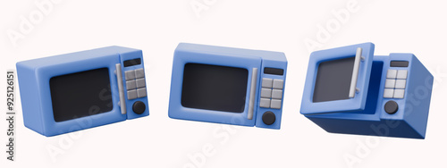 3D microwave oven in cartoon style. Kitchen appliances in different positions