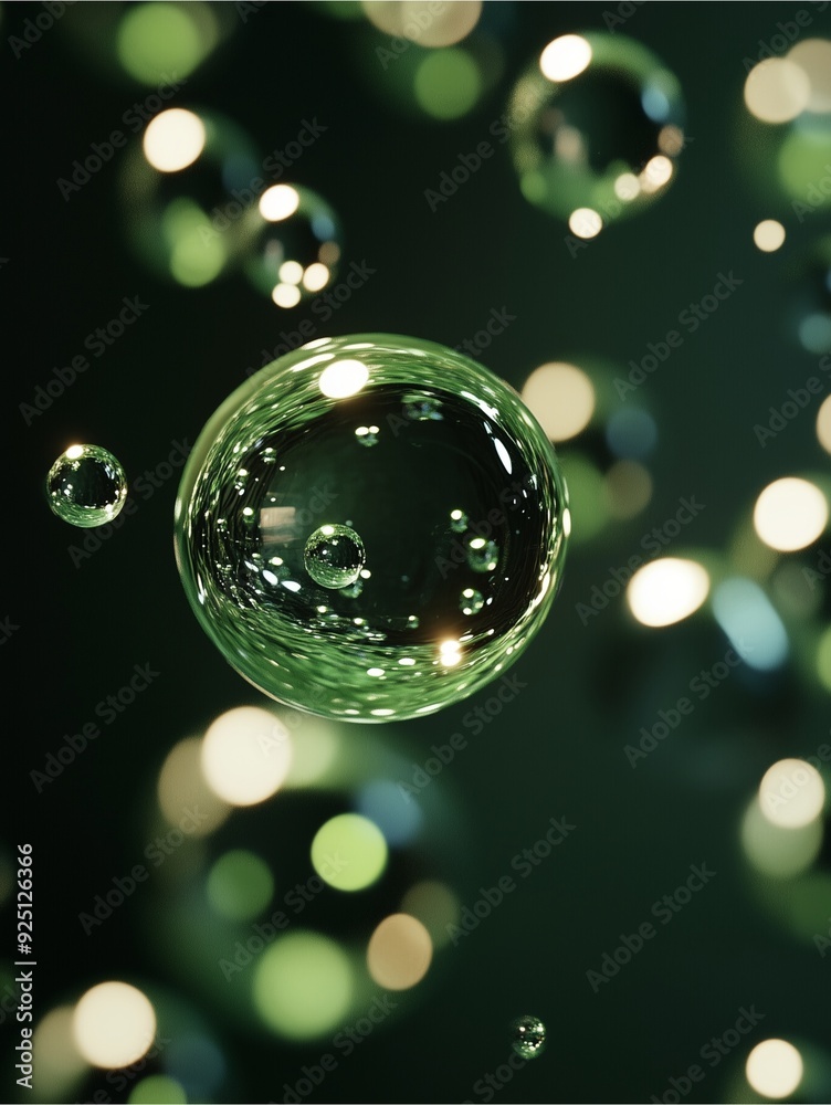 Floating green bubbles against a dark background with bokeh effect. Floating green bubbles against a dark background with bokeh effect.