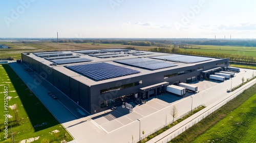  In the aerial view of an industrial building with solar panels on its roof, the scene captures a clean and modern warehouse