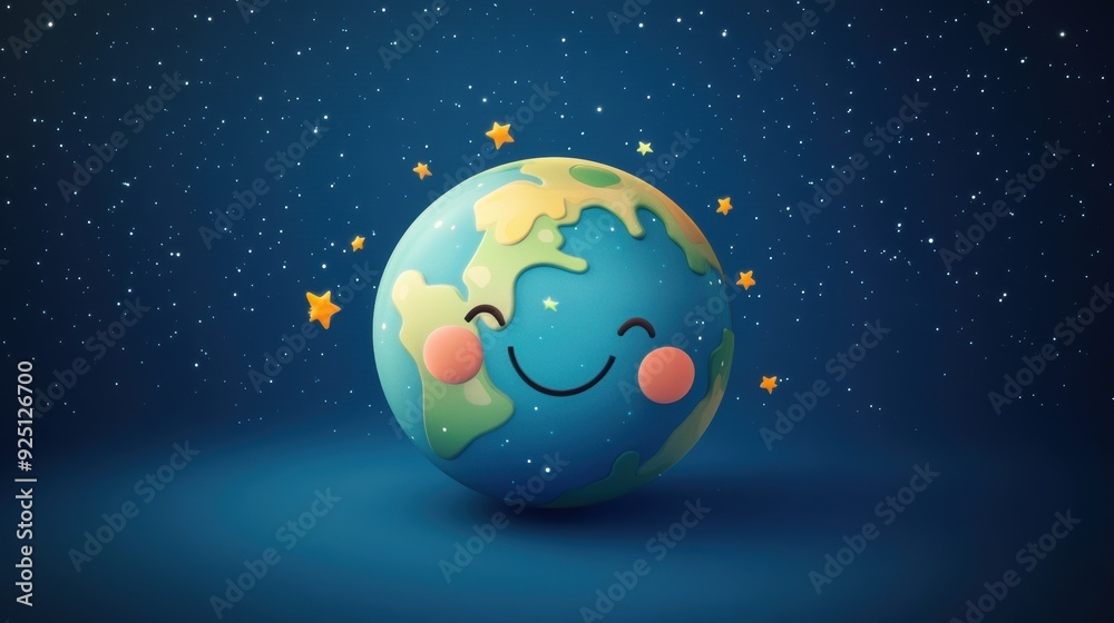 Fototapeta premium Cute Cartoon Earth Smiling with Stars in the Background.