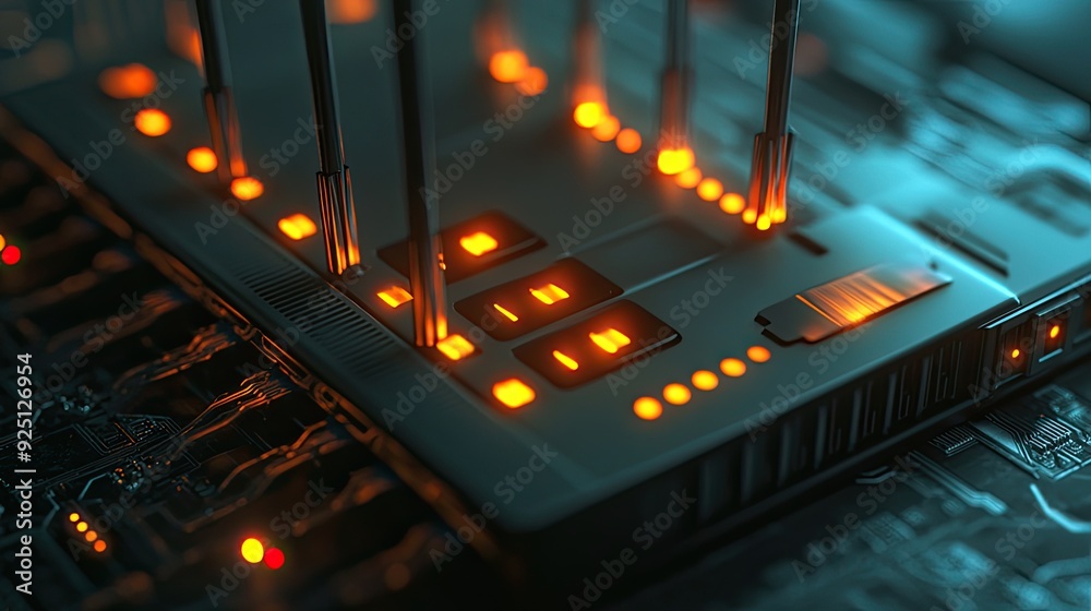 Close-up of a network router with glowing lights, representing data transfer Close-up of a network router with glowing lights, representing data transfer