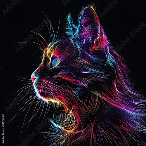 A colorful abstract cat portrait with neon lines.