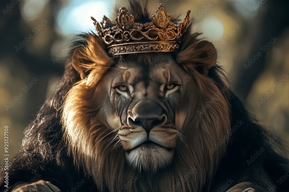Naklejka premium illustration portrait of a lion wearing a crown, king of the jungle