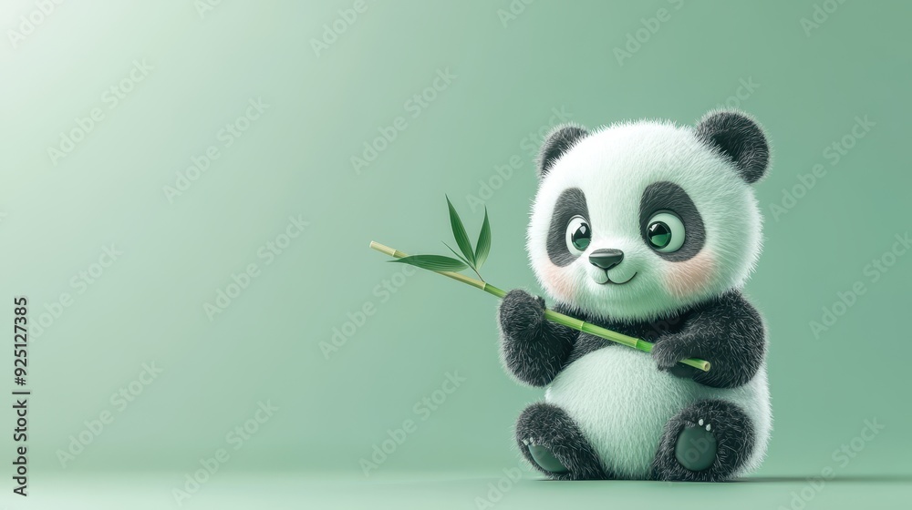 Adorable Cartoon Panda Holding Bamboo Shoot on Green Background.