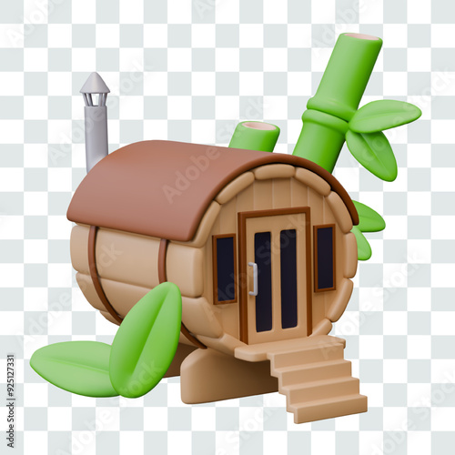Wooden round house for spa treatments. Barrel sauna, green bamboo