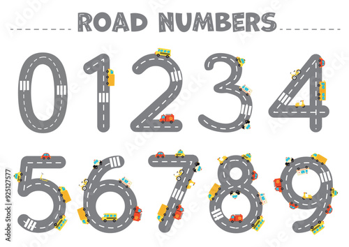 Vector illustration. Road numbers for kids. Numbers set from 1 to 9. Children educational cards for learning numbers.
