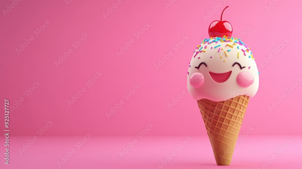 Cute Smiling Ice Cream Cone with Sprinkles and Cherry on Pink Background. Cute Smiling Ice Cream Cone with Sprinkles and Cherry on Pink Background.