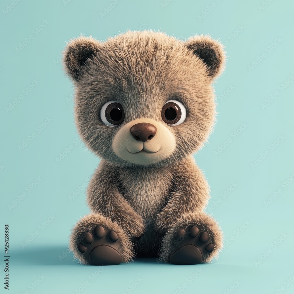 Adorable 3D Cartoon Bear Cub Sitting on Blue Background Adorable 3D Cartoon Bear Cub Sitting on Blue Background