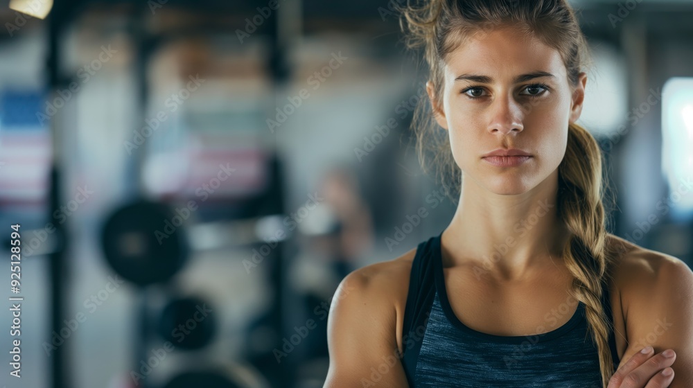 Fototapeta premium A focused woman in athletic attire standing in a gym, looking directly at the camera with determination, representing strength and resilience.