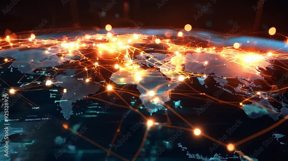 An illuminated digital representation of the world showcasing interconnected networks and data flow across continents.