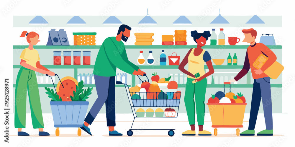 Men and women with baskets and grocery carts select and buy groceries at the grocery store. People buy food at the supermarket
Men and women with baskets and grocery carts select and buy groceries at the grocery store. People buy food at the supermarket