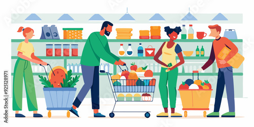 Men and women with baskets and grocery carts select and buy groceries at the grocery store. People buy food at the supermarket
