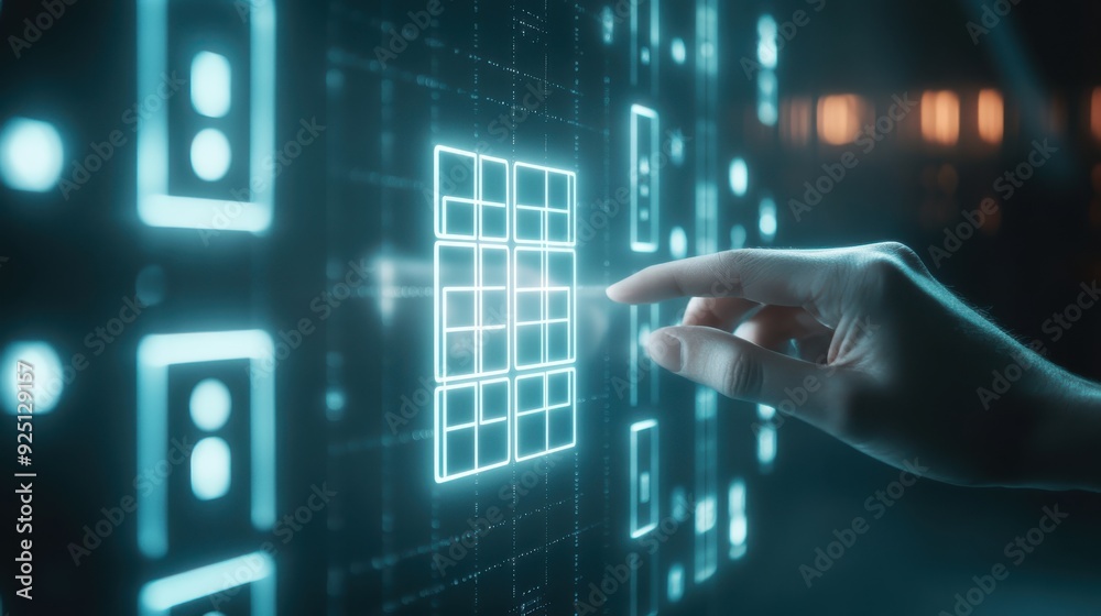 A futuristic hand interacting with a glowing digital interface, showcasing advanced technology and user engagement.